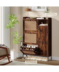 gaomon Shoe Cabinet with 3 Flip Drawers Rattan Freestanding Organizer with Adjustable Shelves Metal Knob Narrow Shoe Rack Cabinet