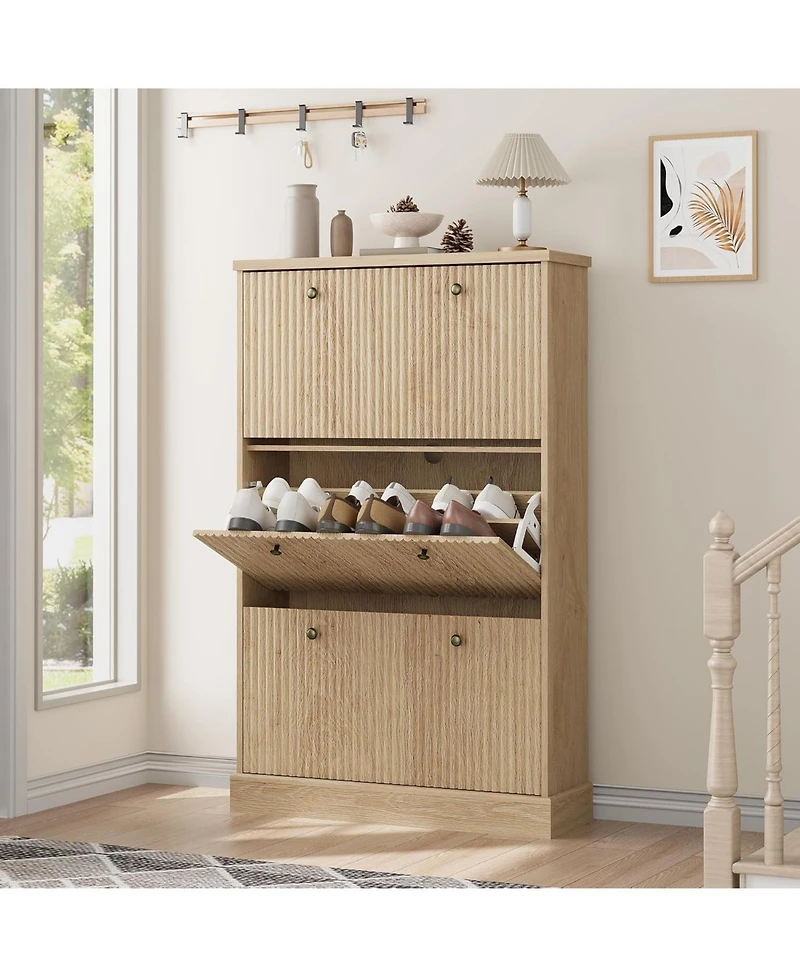 gaomon Shoe Cabinet with 3 Flip Drawers Modern Fluted Cabinet with Adjustable Shelves Freestanding Wooden Shoe Organizer