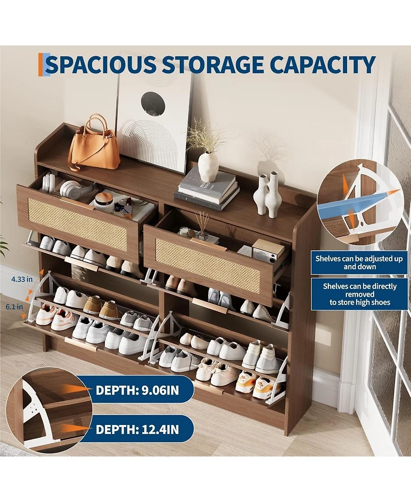 gaomon Rattan Shoe Storage Cabinet with 4 Flip Drawers and 2 Drawers Freestanding Organizer for Front Door Entrance Hidden Narrow Shoe Rack
