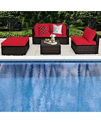 Gymax 5PCS Rattan Patio Conversation Set Outdoor Furniture Set w/ Ottoman Cushion