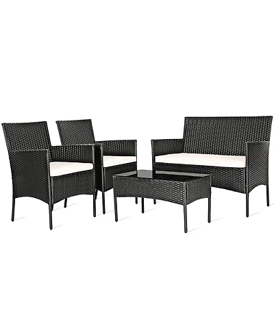 Gymax 4PCS Outdoor Furniture Set Patio Rattan Conversation Set wtih Cushion