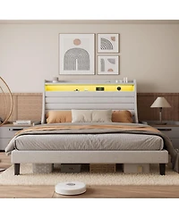 gaomon Queen Bed Frame, Storage Headboard with Charging Station and Led Lights, Solid Stable, Noise Free, Easy to Assemble