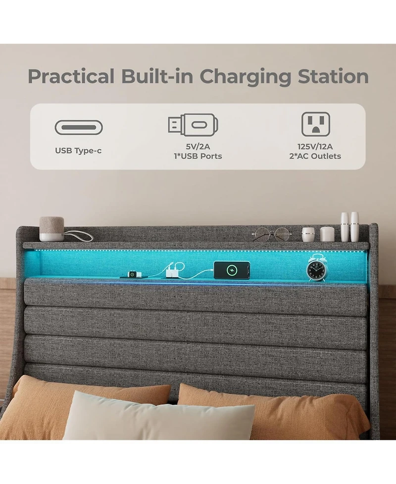 gaomon Bed Frame, Platform with Upholstered Headboard and Led Lights, Modern Frame Under Storage Space, Charging Station
