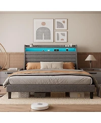 gaomon Queen Bed Frame, Storage Headboard with Charging Station and Led Lights, Solid Stable, Noise Free, Easy to Assemble