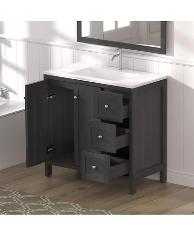 Sillysis 35.4" Munich Black Bathroom Vanity with Basin, Plywood Cabinet with Soft Closing Doors & 3 Drawers Storage for Small Bathrooms