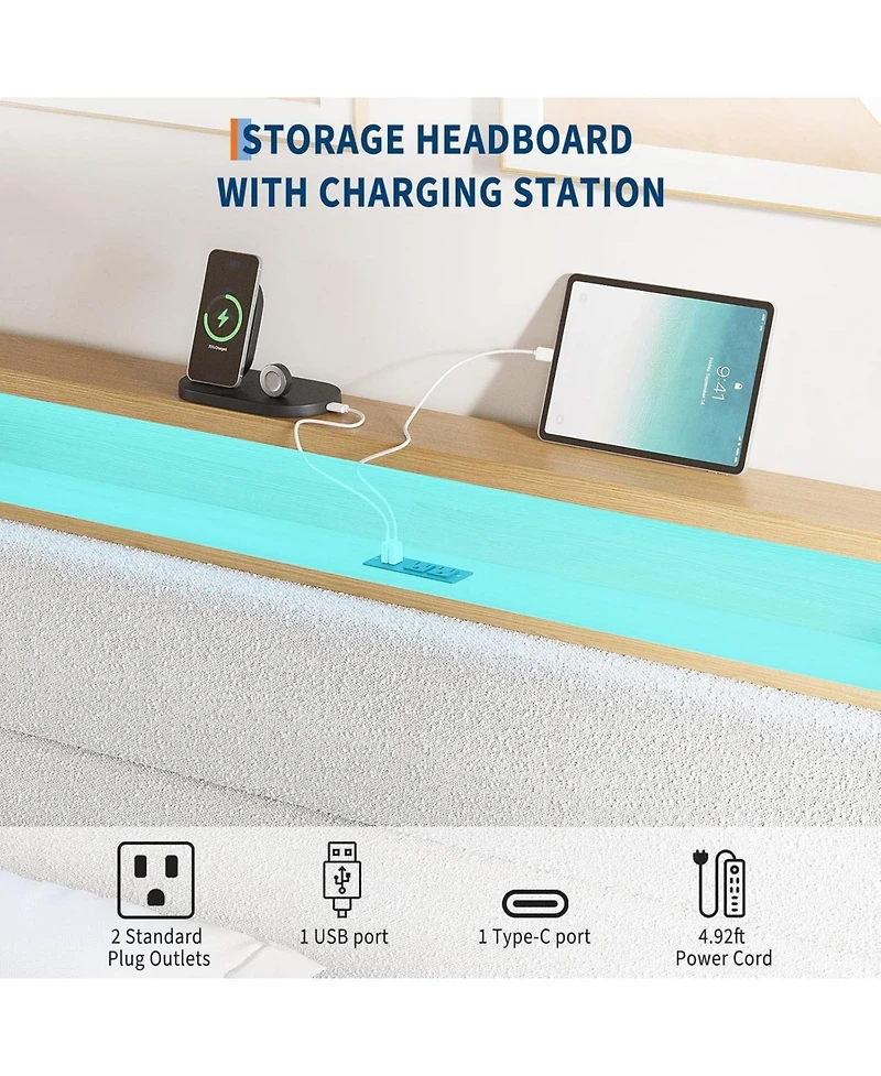 gaomon King Upholstered Bed Storage Headboard Led Boucle Platform Charging Station No Box Spring Easy Assembly