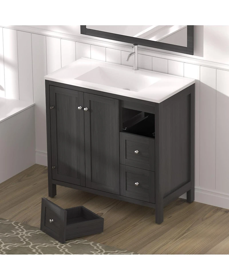 Sillysis 35.4" Munich Black Bathroom Vanity with Basin, Plywood Cabinet with Soft Closing Doors & 3 Drawers Storage for Small Bathrooms