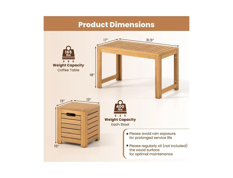 Slickblue Set of 3 Outdoor Acacia Wood Coffee Table and Stool Set