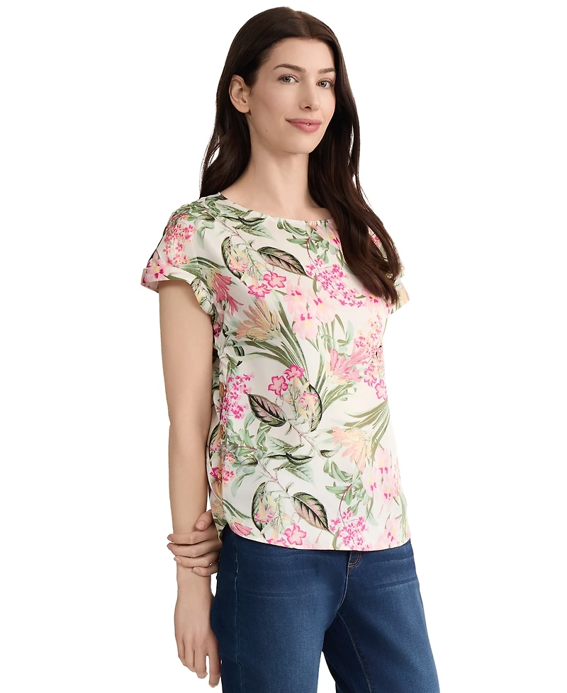 Jones New York Petite Button-Detail Boat Neck Blouse