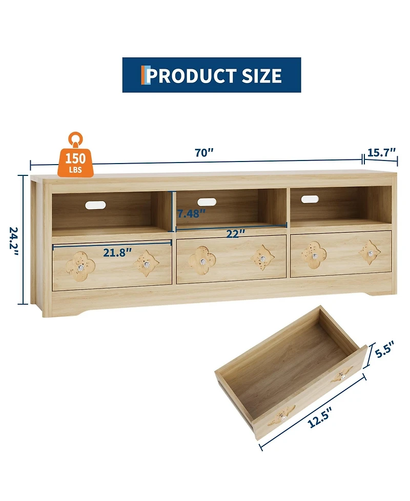 gaomon 70in Tv Stand for TVs Up to 85", Mid Century Modern Entertainment Center with Storage Engraving Drawer and Open Shelves