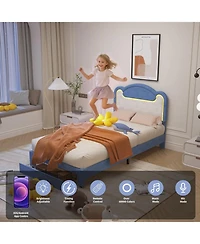 gaomon Size Upholstered Bed Frame with Led Lights & Storage Drawers, Fabric Headboard & Wood Slats, No Box Spring Needed, Princess Bed for Girls