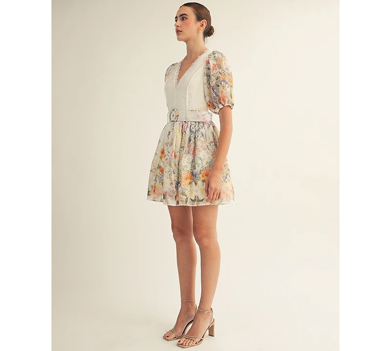 Arose Studio, Inc Women's Floral Garden Border Print Belted Mini Dress