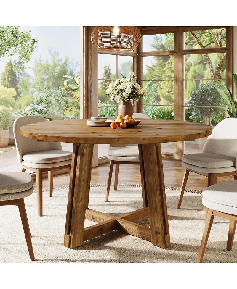 Tribesigns 47" Solid Wood Dining Table for 4-6, Round Kitchen Table with Wood Legs, Farmhouse Kitchen & Dining Room Furniture
