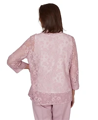 Alfred Dunner Petite Charm Floral Lace Two-In-One Collared Top with Necklace