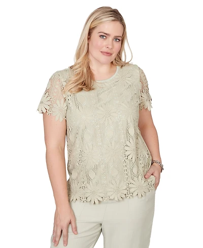Alfred Dunner Petite Vintage Charm Floral Lace Crew Neck Short-Sleeve Top