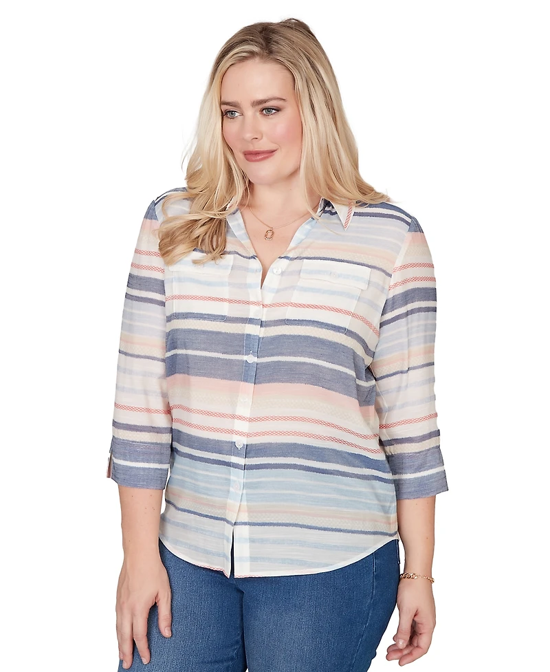 Alfred Dunner Petite Stripe Button-Front Collared Top