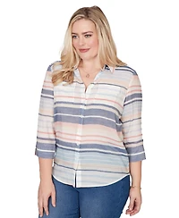 Alfred Dunner Petite Stripe Button-Front Collared Top