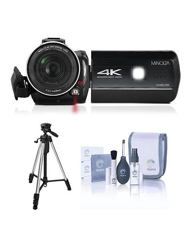 Minolta MN4K40NV 30MP 4K Ultra Hd 3" Touchscreen Night Vision Camcorder, Black, Bundle with Aluminum 3-Section Tripod and Cleaning Kit