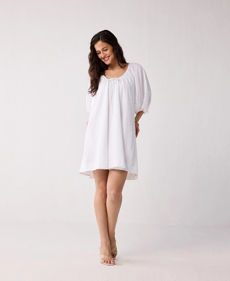 Reistor Women's Puff Sleeved Dress with Drawstring Neckline