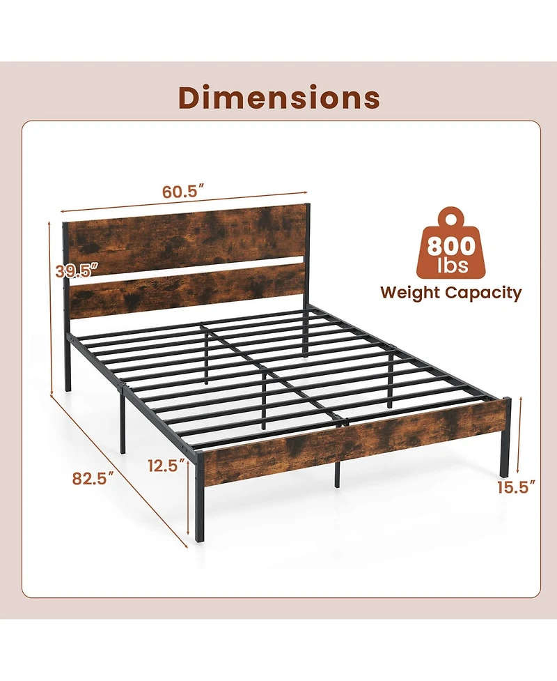 Queen Size Bed Frame with Wooden Headboard Under-Bed Storage No Box Spring Needed