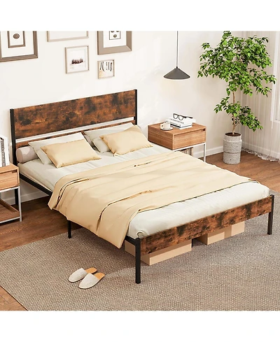 Queen Size Bed Frame with Wooden Headboard Under-Bed Storage No Box Spring Needed