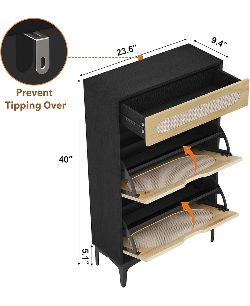 gaomon Shoe Cabinet Rattan Shoe Storage With 2 Flip Drawer and 1 Pull-Out Drawer Heavy Duty Metal Leg Adjustment Shelf Entryway Shoe Organizers