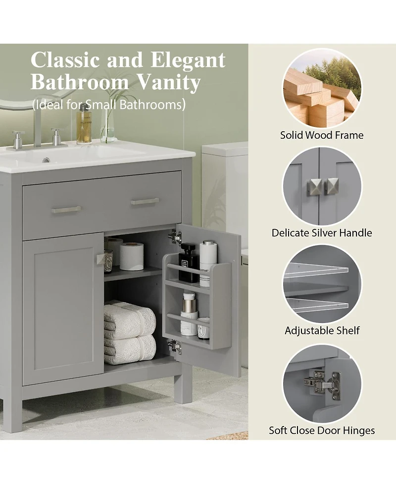 Sillysis 30" Bathroom Vanity with Ceramic Sink, Soft Close Doors & Adjustable Shelf, Modern Storage Cabinet for Small Spaces