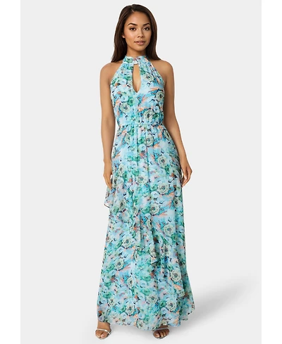 Bebe Womens Printed Chiffon Halter Ruffle Dress