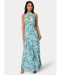 Bebe Womens Printed Chiffon Halter Ruffle Dress