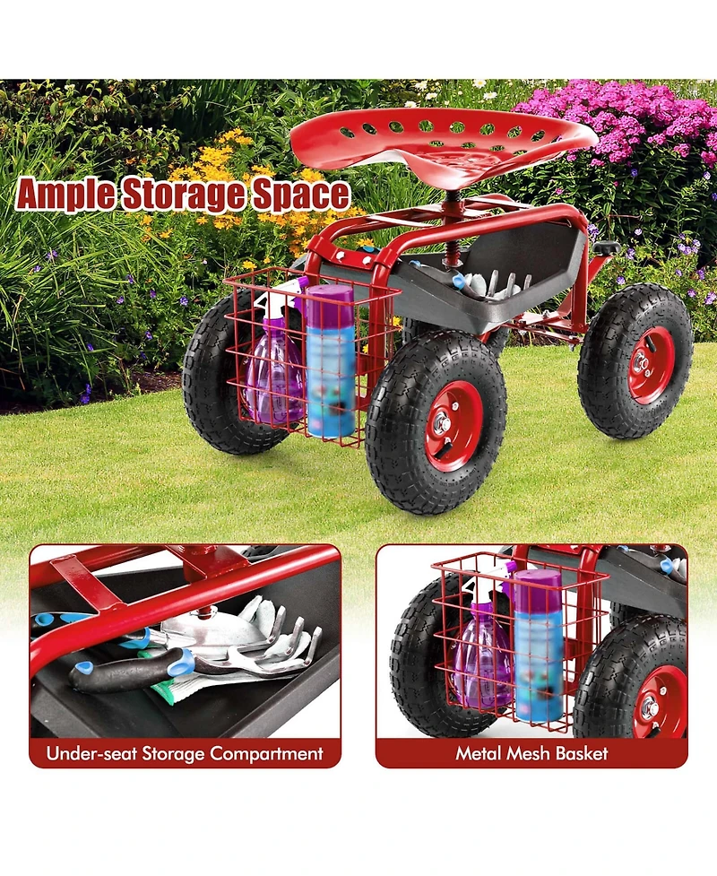 Garden Cart Rolling Work Seat w/ Tool Tray Basket