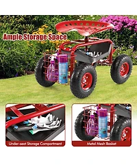 Garden Cart Rolling Work Seat w/ Tool Tray Basket