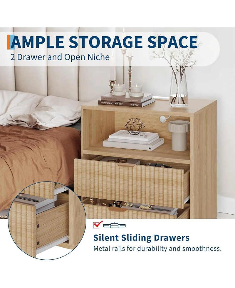 gaomon 23" Wooden Fluted Nightstand with Charging Station and 2 Drawers