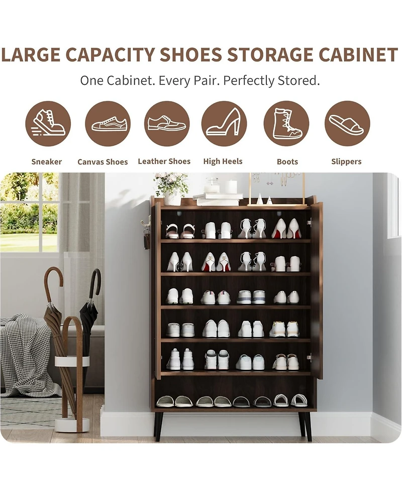 gaomon Large Shoe Cabinet with Doors 6-Tier Shoe Organizer with 2 Doors and Additional Hooks for Hallway Entryway Living Room Brown Set of 2