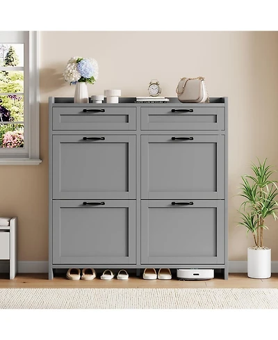 gaomon Shoe Cabinet with 4 Flip Drawers and 2 Top Drawers High-Gloss Painted Wood Shoe Organizer with Adjustable Shelves