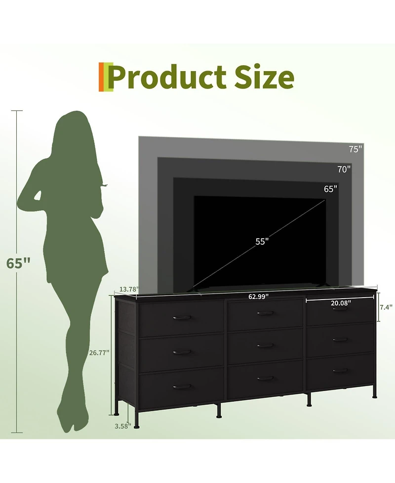 gaomon 63" Wooden Dresser Tv Stand with 9 Fabric Drawers for Large TVs