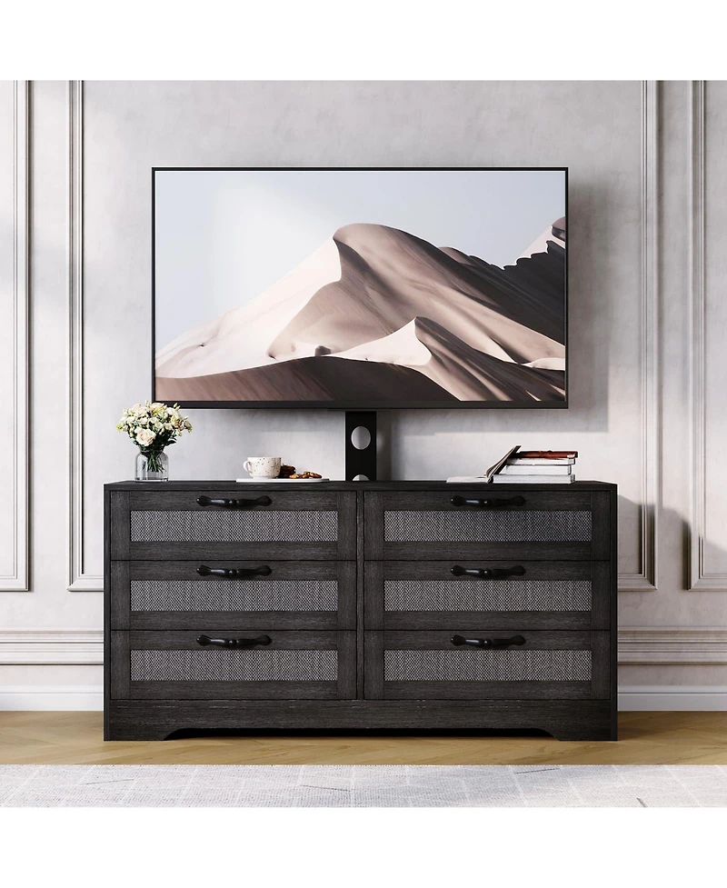 gaomon Tv Stand with Mount, 47.2" Modern Entertainment Center 6-Drawer Rattan Dresser for 32-85 Inch TVs