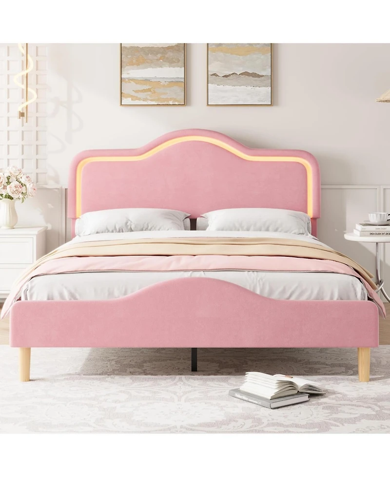 gaomon Queen Bed Frame Adjustable Led Headboard Velvet Upholstered Platform Wooden Slats No Box Spring