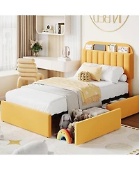 gaomon Boucle Upholstered Platform 2 Storage Drawers Bookcase Headboard Noise-Free Easy Assembly No Box Spring Children Bed