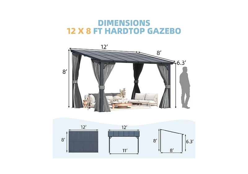 Aecojoy 12'x8' Wall Gazebo with Curtains and Mosquito Netting