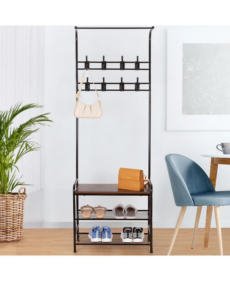 gaomon Hall Tree with Entryway Bench with Coat Rack Shoe Rack Bench, 3 in 1 Hall Tree with Bench and Shoe Storage, 3-Tier Storage Shelf and 8 Hooks