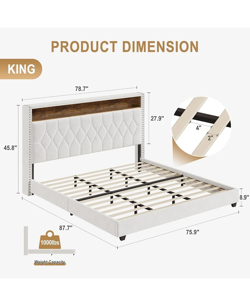 gaomon Bed Frame with Led Lights, Headboard with Built-in Charging Station, Upholstered & Trim Wingback Bedframe