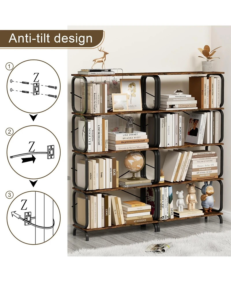 Rainsken 5 Tier Large Book Shelf, Storage Organizer for Books, Rustic Industrial Open Bookcase, for Living Room, Bedroom, Home Office