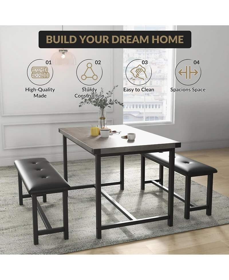 gaomon Dining Table Set for 4, Space Saving Kitchen Table with 2 Upholstered Benches, 3-Piece Industrial Dining Room Table Set