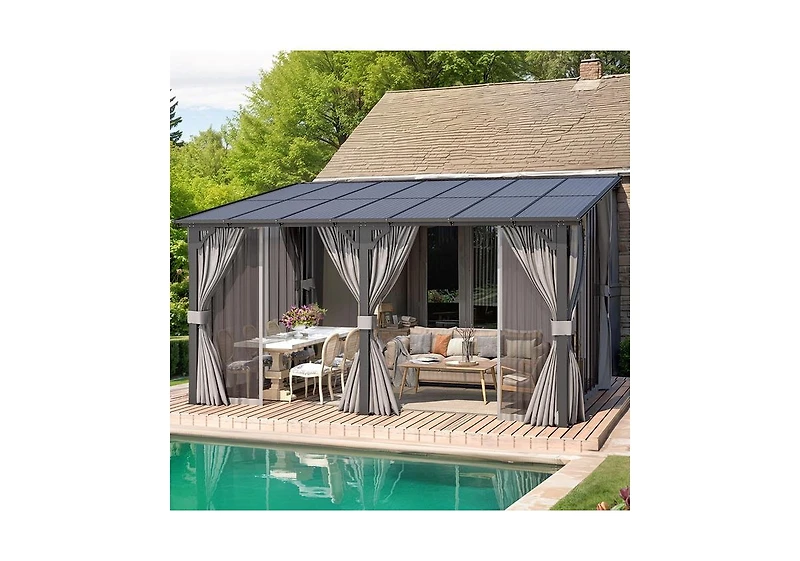 Aecojoy 14'x10' Wall Gazebo with Curtains and Mosquito Netting
