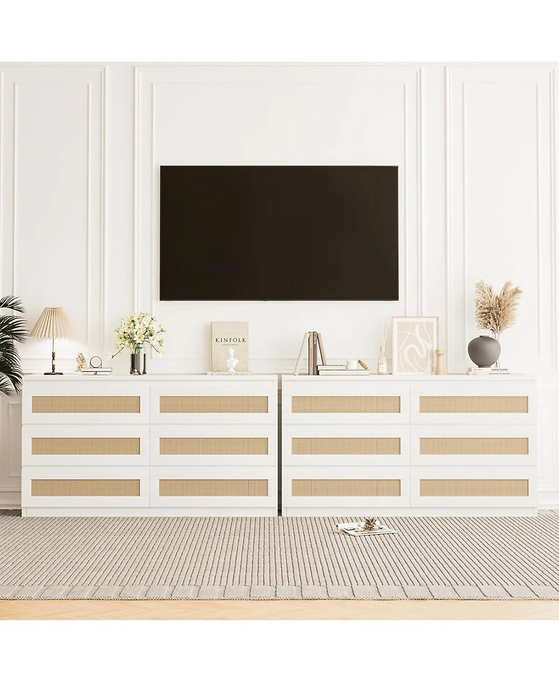 gaomon Rattan Dresser for Bedroom, Modern 6 Drawer Double Wide Wood Chest of Drawers Living Room, Hallway