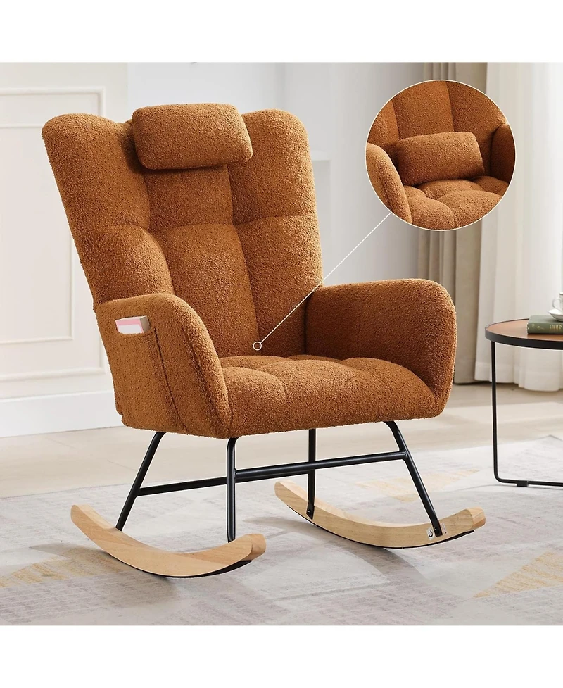 gaomon Teddy Upholstered Rocking Chair, Fluffy Nursery Glider Rocker for Adults, Comfortable Stylish Chair Small Spaces Indoor