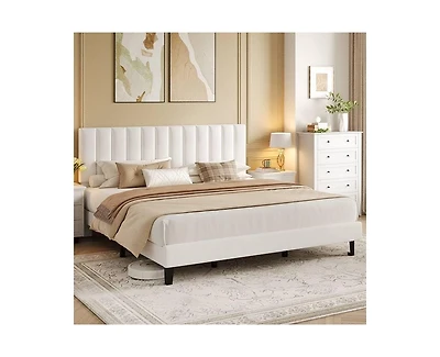 gaomon King Bed Frame, Velvet Upholstered Platform with Adjustable Vertical Channel Tufted Headboard, No Box Spring Needed, Easy Assembly