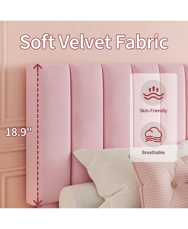 gaomon Bed Frame, Velvet Upholstered Platform Bed with Adjustable Vertical Channel Tufted Headboard, No Box Spring Needed, Easy Assembly