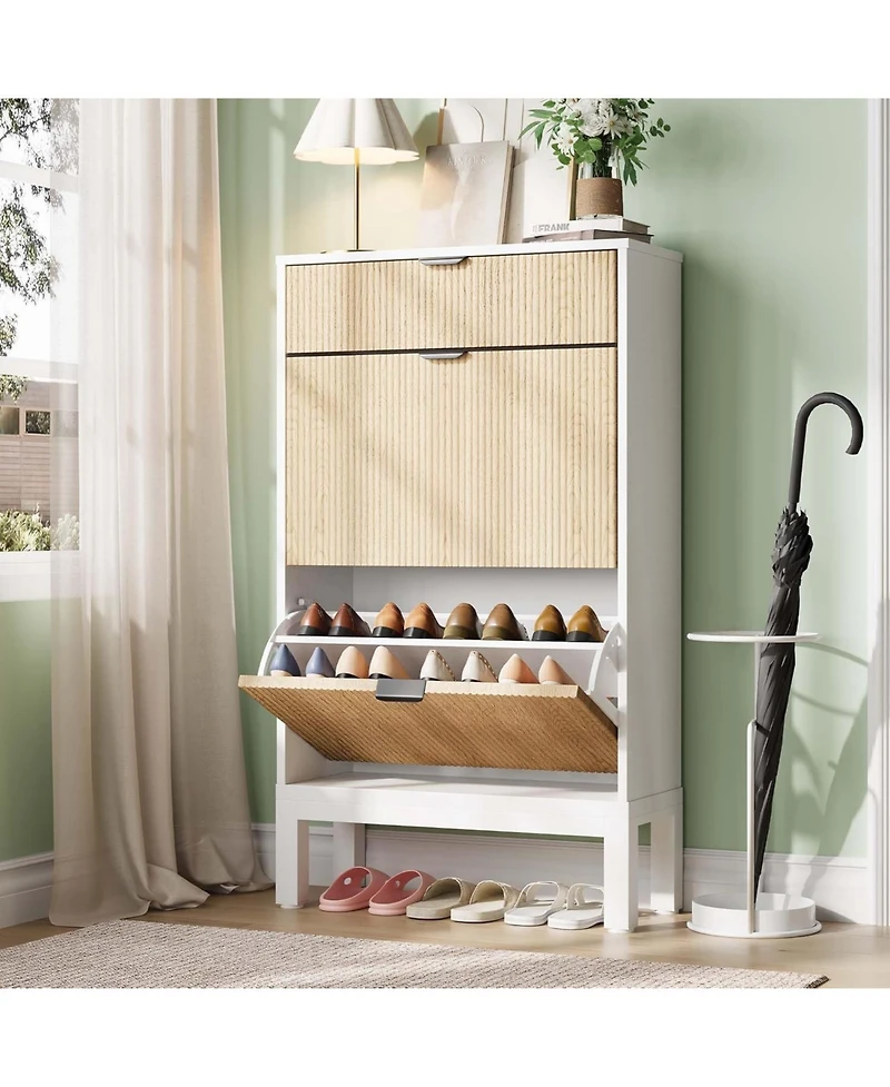 gaomon Shoe Storage Cabinet with Flip Drawers Modern Wooden Shoe Rack with Iron Legs Slim Entryway Hallway Organizer