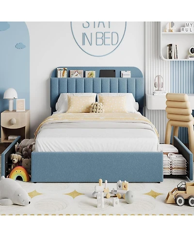 gaomon Full Bed Frame with Storage Headboard, Kids 2 Drawers, Boucle Upholstered Platform Bookcase, No Box Spring Needed